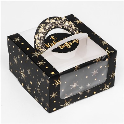 Коробка под бенто-торт с окном "Новогодние звезды", 14 х 14 х 8 см