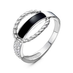 Серебряное кольцо с бесцветными фианитами и черной эмалью - 1285