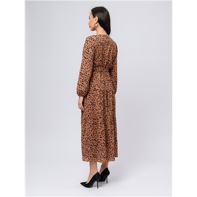 Платье коричневого цвета с принтом длины миди с запахом и длинными рукавами