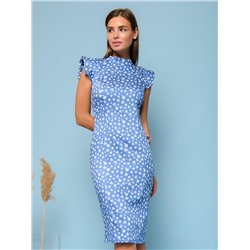 Платье-футляр голубое с цветочным принтом и вырезом на спинке