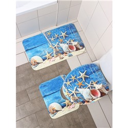 Набор ковриков для ванной и туалета Доляна «Ракушки», 3 шт: 37×45, 37×45, 45×75 см