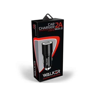 Зарядное устройство  в прикуриватель WALKER 2 слота USB, 2.4А, 12Вт, WCR-21 черное