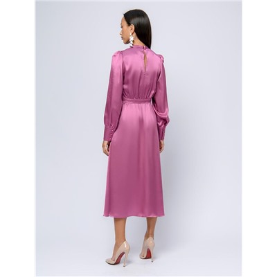 Платье фиолетовое длины миди с драпировкой и длинными рукавами