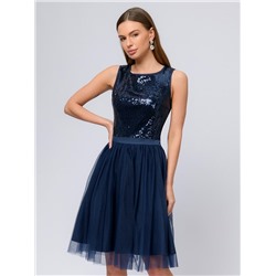 Платье темно-синее длины миди с пайетками и фатиновой юбкой