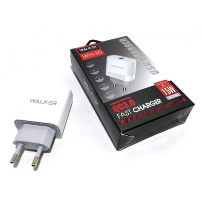 Зарядное устройство сетевое WALKER 1 слот USB, 2.4А,15Вт,быстрая зарядка QC 3.0, блочок, белое WH-35