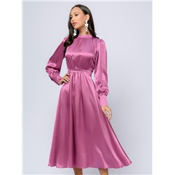 Платье фиолетовое длины миди с драпировкой и длинными рукавами