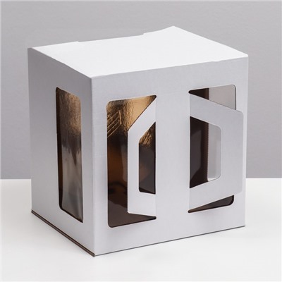 Коробка под торт 2 окна, с ручками, белая, + подложка 2,5 золото-белый , 28 х 28 х 20 см