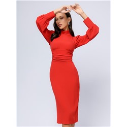 Платье красного цвета длины миди с воротником-стойкой и пышными рукавами