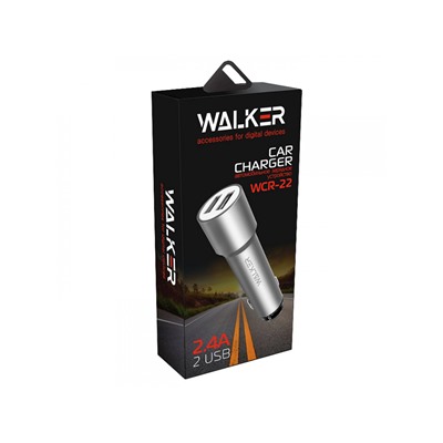 Зарядное устройство  в прикуриватель WALKER 2 слота USB, 2.4А,12Вт,(удлиненный корпус),черное,WCR-22