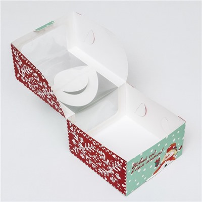 Коробка под бенто-торт с окном "Новогодний снеговик", 14 х 14 х 8 см