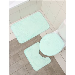 Набор ковриков для ванной и туалета Доляна «Морское дно», 3 шт: 50×80, 50×40, 38×43 см, цвет бирюзовый
