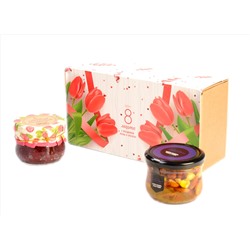 Подарочный набор "С 8 марта Тюльпаны"  конфитюр малиновый, ассорти: миндаль, кешью, фундук в меду