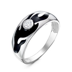 Серебряное кольцо с бесцветным фианитом и черной эмалью - 1280