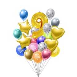 Набор воздушных шаров С днем рождения с цифрой "9" золото, 21 штука