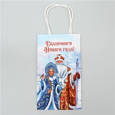 Пакет крафтовый «Дед Мороз и Снегурочка», 12 × 21 × 9 см