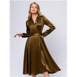Платье бронзового цвета длины миди с объемными плечами и длинными рукавами