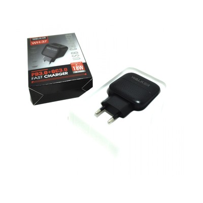 Зарядное устройство сетевое WALKER 2 слота USB+TYPE-C, 3.4А, 18Вт, QC3.0+PD, блочок, черное WH-37