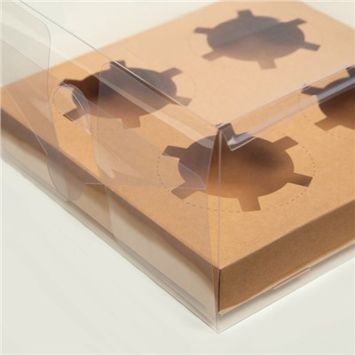 Коробка на 4 капкейка, крафт, 18,5 × 18 × 10 см