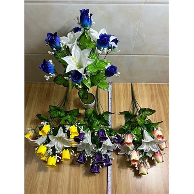 Цветы искусственные декоративные Букет 10роз+3лилии с гипсофилой 60 см