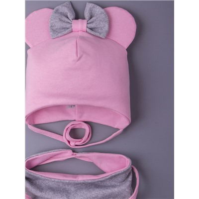 Шапка трикотажная для девочки с ушками на завязках, сверху бант + нагрудник, розовый и серый