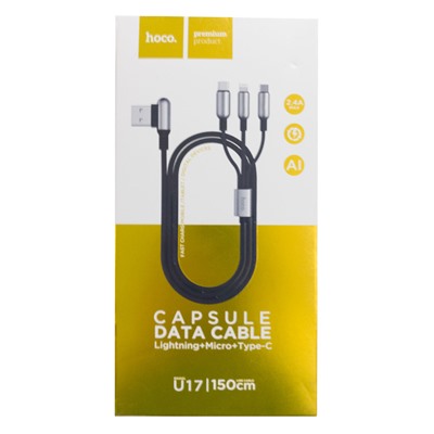 Магнитный USB-data-кабель hoco U17 Capsul 3 в 1 Type-c MicroUsb Lightning