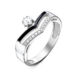 Серебряное кольцо с бесцветными фианитами и черной эмалью - 1286
