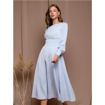 Платье серо-голубое длины миди с широкой резинкой на талии