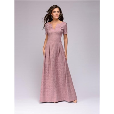 Платье цвета пыльной розы длины макси с вырезом на груди и короткими рукавами