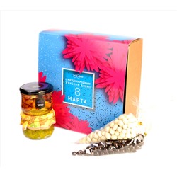 Подарочный набор "С 8 марта Астры" ореховое ассорти в меду, конфитюр экзотика, драже