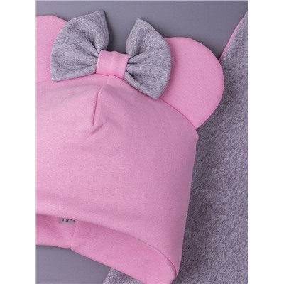 Шапка трикотажная для девочки с ушками на завязках, сверху бант + нагрудник, розовый и серый
