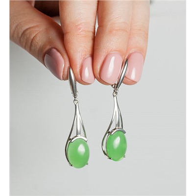 Серебряные серьги с зелеными камнями "кошачий глаз" - 550